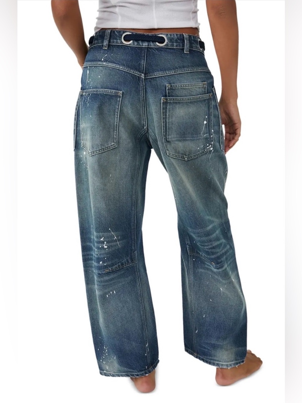 We The Free Blue Paint-Splatter Wide-Leg Barrel Jeans in Timeless Blue - Picture 4 of 9